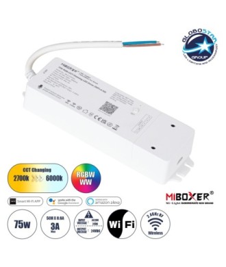 GloboStar® 71441 WL5-P75V24 Mi-BOXER DC Smart Wifi & RF 2.4Ghz Power Supply Τροφοδοτικό SELV & Controller - Dimmer All in One 5 Καναλιών AC100-240V σε DC 24V 5 x 0.6A 14.4W - Max 3A 75W - IP20 RGBW+WW Μ19 x Π5.5 x Υ3.2cm - 5 Years Warranty